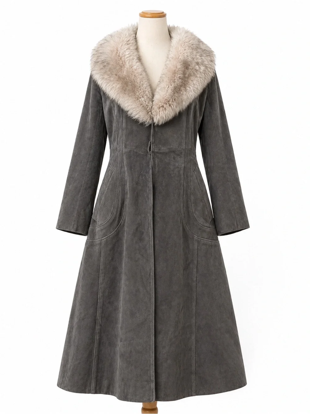 Women’s Long Gray Suede Coat with Real Fur Collar - Picture 1 of 5